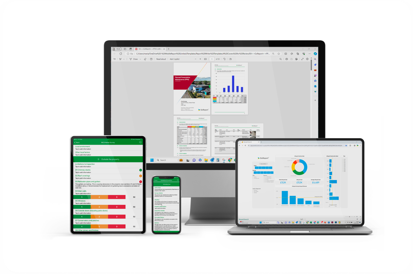 GoReport software shown on a computer, tablet and mobile phone